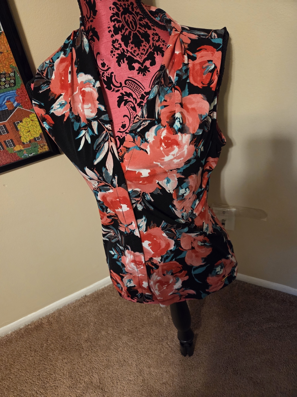 Calvin Klein Black Floral Sleeveless Wrap Blouse Large Excellent